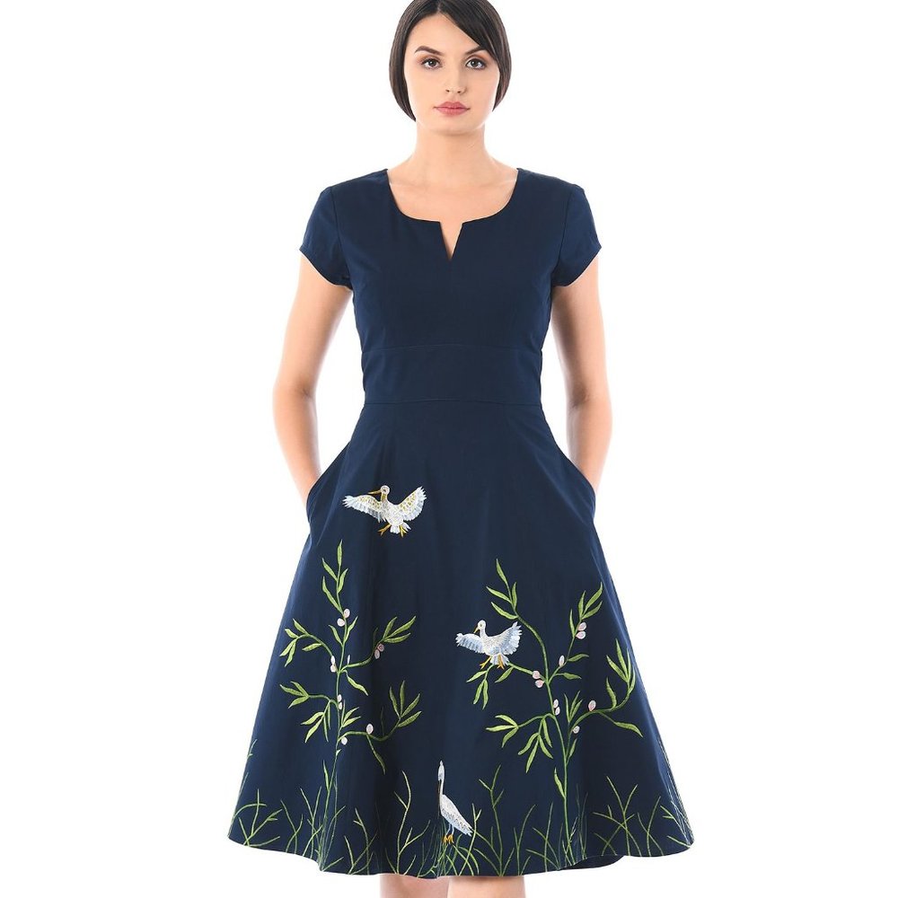 Wayward Fancies eShakti Blue Embroidered Swan Fit & Flare Dress w/Pockets XL-16
